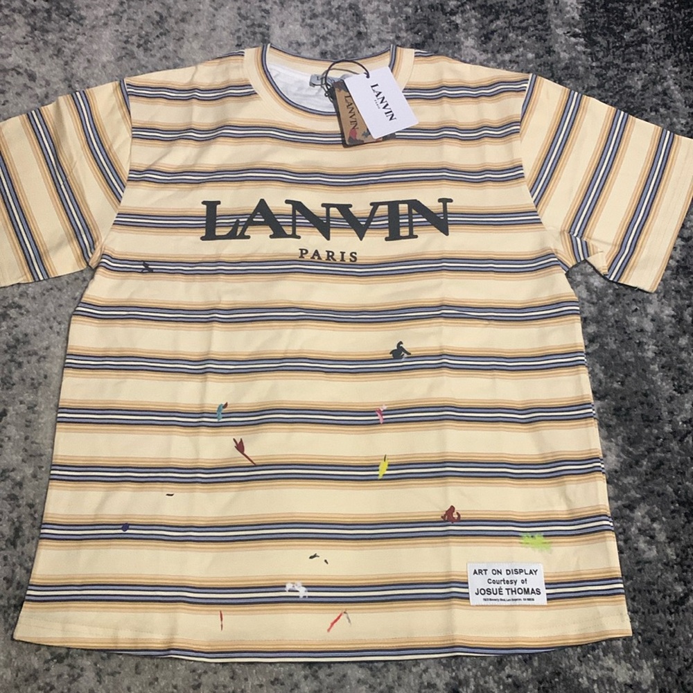 LANVIN Paris Blue White & Black Striped Apricot T-Shirt Men’s Size Large